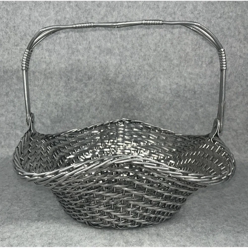 VTG‎ Silver Tone Metal Woven Wire Basket With Fold Down Handle Decor Centerpiece